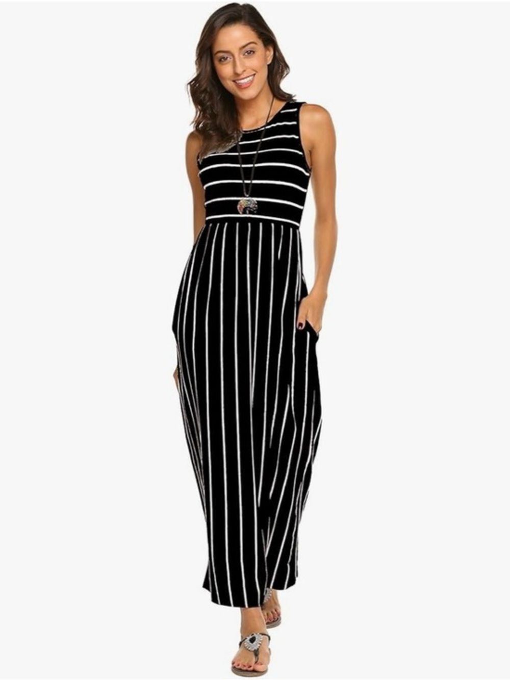 Sleeveless Black & White Striped Maxi Dress, Casual
